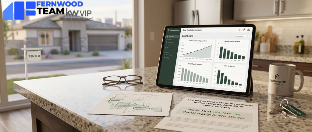Fernwood Team KW VIP real estate investment dashboard displayed on a tablet, surrounded by the Las Vegas Market Report for April 2026, a neighborhood map, glasses, house keys, and a Fernwood Team mug, with a rented home visible through the window in the background.