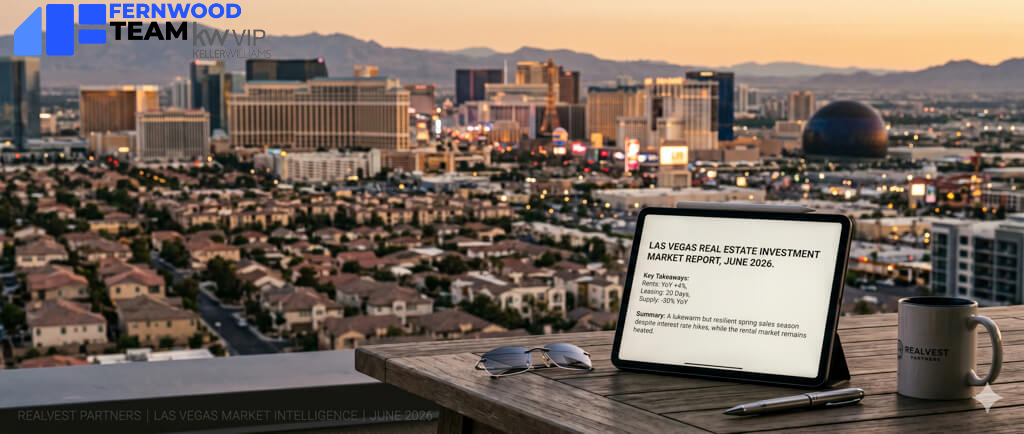 Banner showing the Las Vegas Strip skyline at dusk with the Fernwood Team and KW VIP logos, and a tablet displaying the title Las Vegas Real Estate Investment Market Report, June 2026